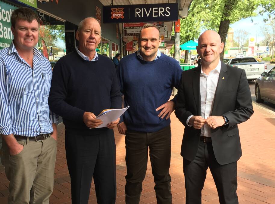 Tom Green (Lachlan Valley Water) and Michael Payten (Belubula Landholders) with Nationals candidate Scott Barrett and Lands and Water Minister Niall Blair.