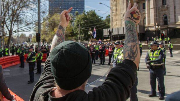 Protesters at an anti Fascists rally in the city. The group is protesting against the far rights "Make Victoria Safe Again' rally. Photo: Scott McNaughton