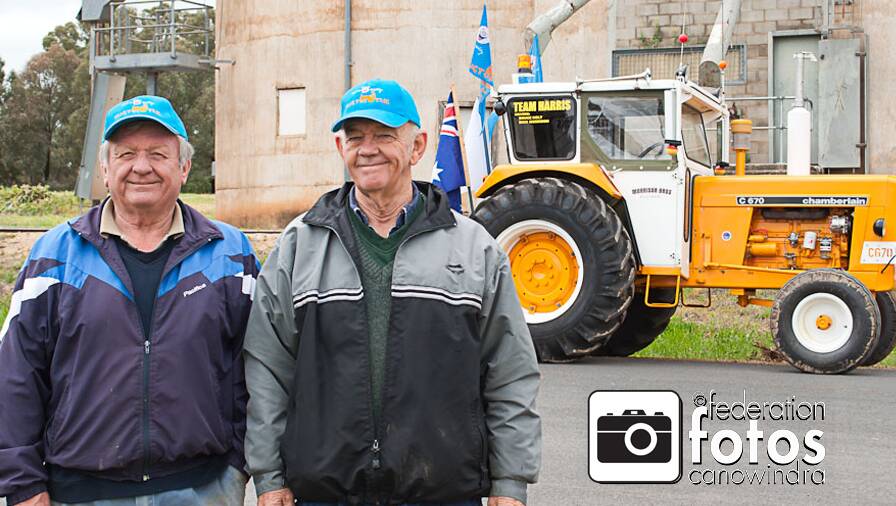 Dick Morrison and Bruce Holt are ready for the Tractor Trek. hey'll have their tractor at Ruey's this afternoon. Photo by Federation Fotos.
