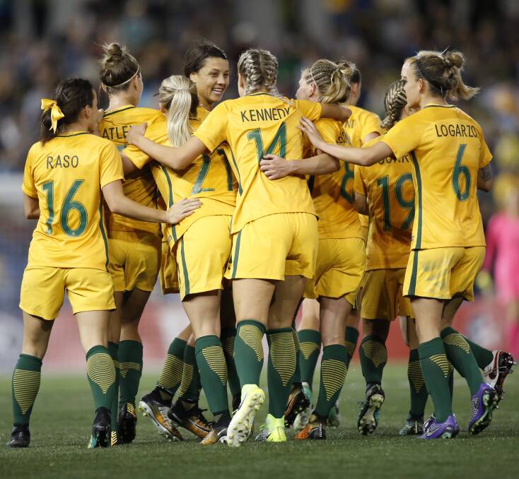 The Matildas celebrate a Sam Kerr goal against Brazil in Newcastle on Tuesday night. Picture: AAP