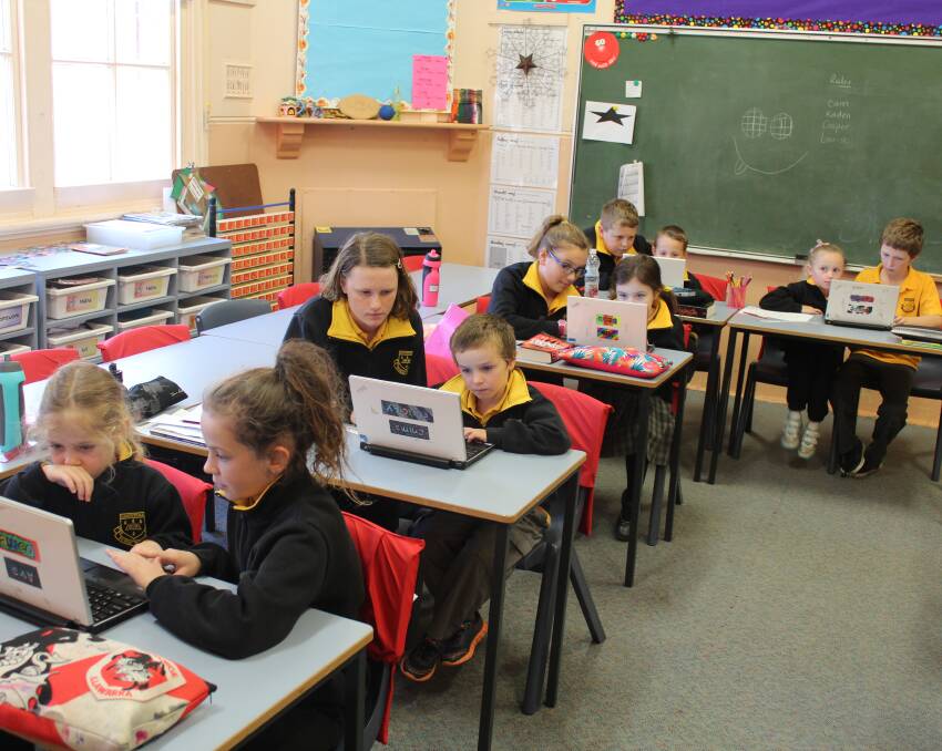 Peer teaching: Year five students help the Kindergarten juniors work with laptops during a peer teaching lesson at the Canowindra Public School. 