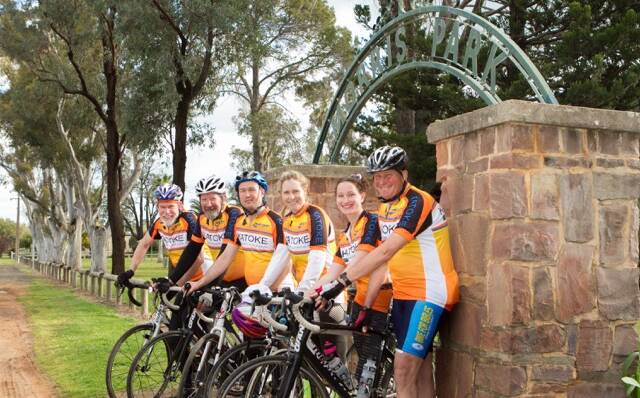 Great Western Ride participants, Gordon Clipsham, Ron Balderston, Justin Omord, Hannah Chapple and David Chapple pictured at Canowindra's Morris Park.