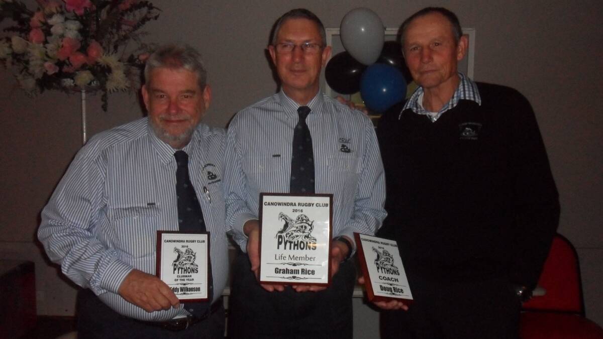 Clubperson of the year Eddie Wilkinson, life member inductee Graham Rice and 2016 Canowindra Pythons coach Doug Rice.