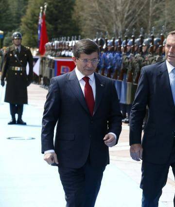 Turkish Prime Minister Ahmet Davutoglu and Australian Prime Minister Tony Abbott at the Cankaya Palace in Ankara. Photo: Supplied