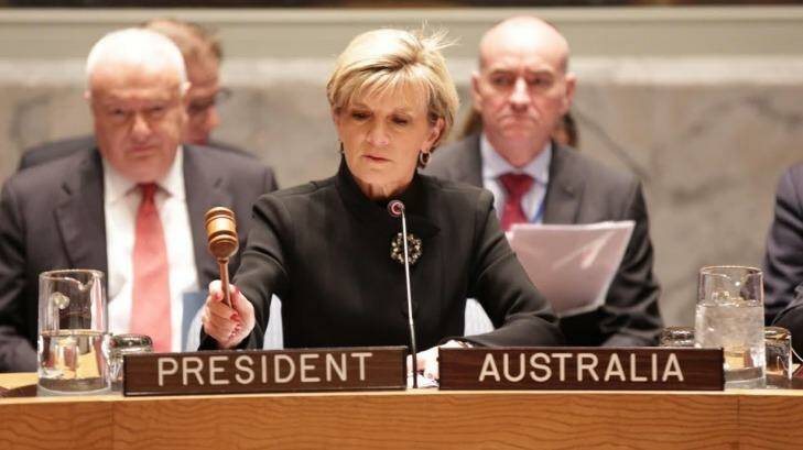 Foreign Minister Julie Bishop chairs the UN Security Council meeting in New York in 2014. Photo: Trevor Gollens