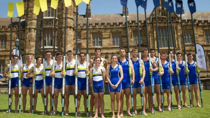 Sydney and Melbourne Universities rowing eights meet at Sydney University for the official weigh in ahead of Australian Boat Race this weekend.  Photo: Wolter Peeters