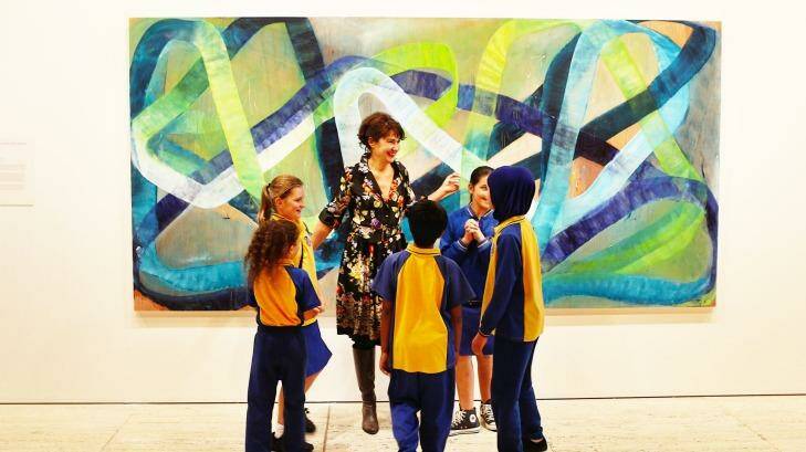Ildiko Kovacs at the Art Gallery of NSW with admirers from Bexley Public School. Photo: Peter Braig
