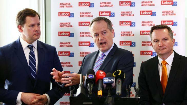 Ed Husic (left) with Labor leader Bill Shorten and shadow treasurer Chris Bowen. Photo: Daniel Munoz