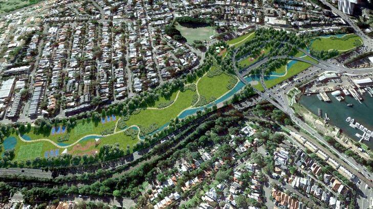 An artist's impression of the parkland planned to cover the existing Rozelle Rail Yards, under which a motorway interchange will be built. Photo: Supplied