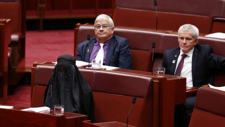 Senator Pauline Hanson wears a burqa during Question Time at Parliament House in Canberra on Thursday 17 August 2017. fedpol Photo: Alex Ellinghausen