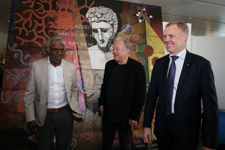 Speaker Tony Smith unveiled "The Messenger" with artists Nelson Jagamara and Imants Tillers at Parliament House in Canberra on Thursday 17 August 2017. Fedpol. Photo: Andrew Meares 