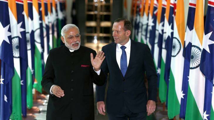 Narendra Modi and Tony Abbott during Mr Modi's visit earlier this month. Photo: Alex Ellinghausen