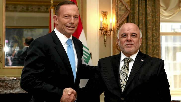 Prime Minister Tony Abbott with the Prime Minister of Iraq, Haider al-Abadi, during a bilateral meeting in New York. Photo: Alex Ellinghausen