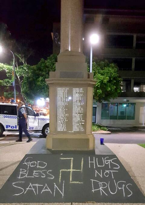 Defaced: The Port Macquarie war memorial was vandalised in the early hours of Thursday morning, March 30. Photo: supplied