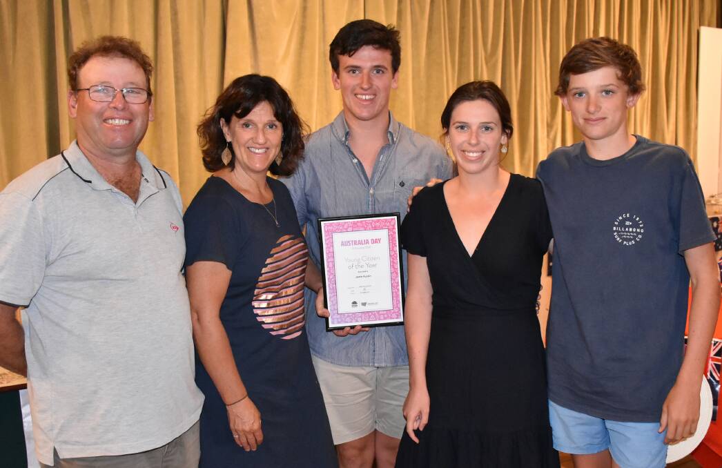 IMPRESSIVE: Canowindra's Young Citizen of the Year is pictured with his family, from left - Bruce, Carolyn, Jamie, Meg and Sammy Austin. 