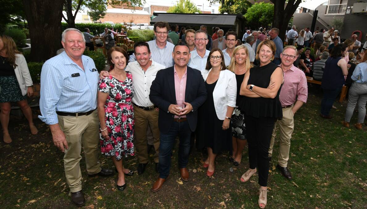 GATHERING: Nationals MPs Rick Colless, Leslie Williams, Paul Toole, Andrew Gee, John Barilaro, Kevin Humphries, David Gillespie, Sarah Mitchell, Kevin Anderson, Bronnie Taylor, Melinda Pavey and Ben Franklin at Friday's Politics in the Pub event. Photo: JUDE KEOGH 0209jkpollies10