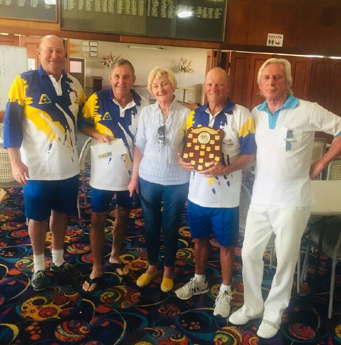 Roger Traves (President) and Sue Lynch with the winners of the Ron and Peg Lynch Memorial - David Watt, Tot Fisher and Charlie McIntosh. Photo: Supplied