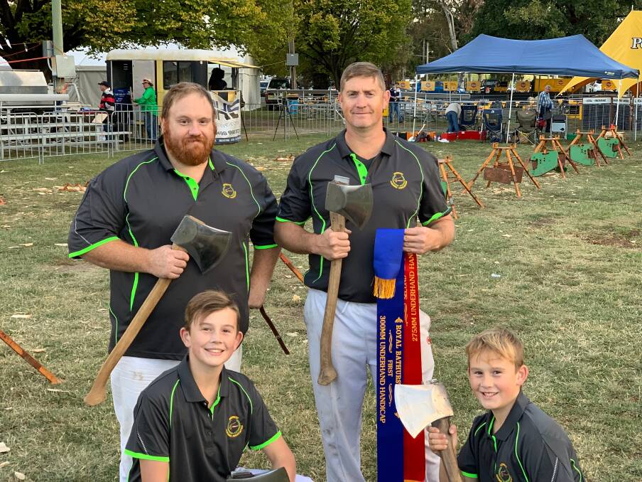 
Greg Gihot, Matt Rice, Lachy Rice & Alex Rice competed at the Royal Bathurst Show earlier in the month, and had a fun and competitive day taking part in the various wood-chopping races. Photo supplied by Matt Rice. 