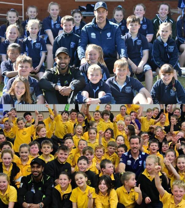 NSW Cricketers Arjun Nair and Charlie Stobo visited the St. Edward's and Canowindra Primary Schools as part of Cricket NSW's Country Blitz last Thursday. Photos: Ben Rodin