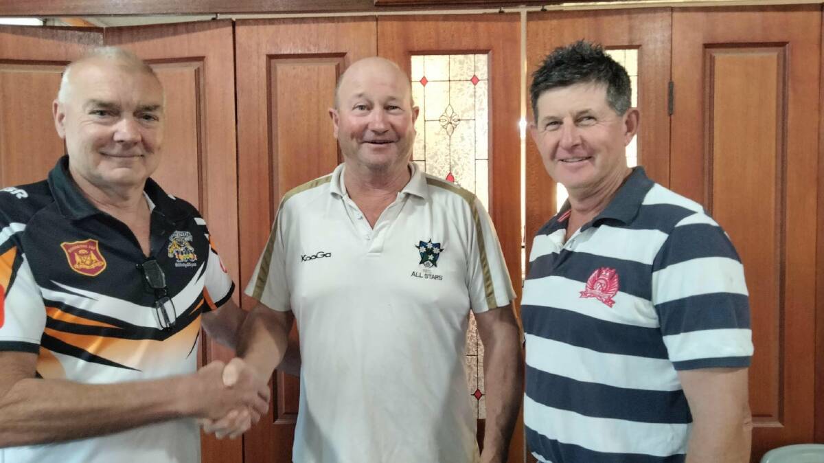 First grade coach Kevin Grimshaw with Canowindra Bowling Club President Roger Traves and Canowindra Rugby League Football Club Treasurer Wayne Hughes