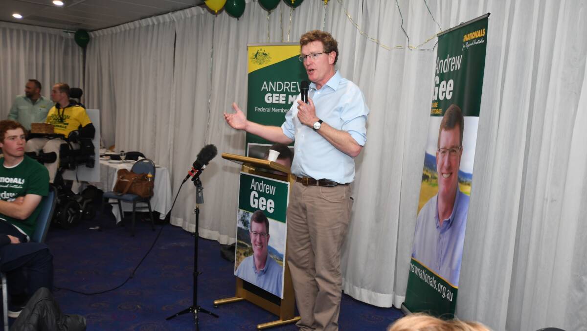 RELIEF: After a long campaign, Member for Calare Andrew Gee addresses The National Party faithful at the Orange City Bowling Club on Saturday night. Photo: JUDE KEOGH