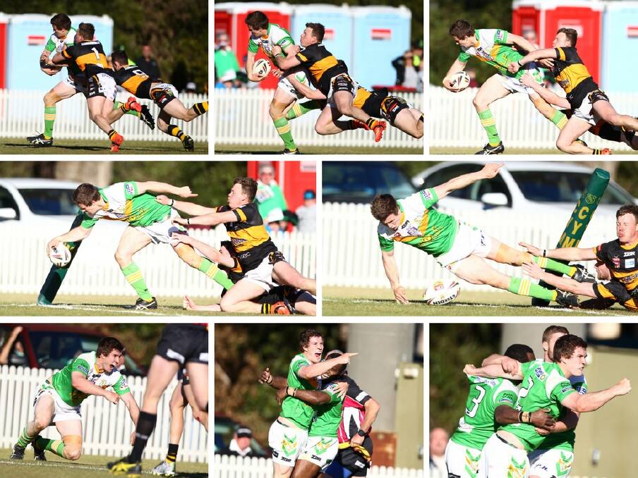 MAGIC MOMENT: Tom Satterthwaite out-muscles two Oberon defenders to dive over for his third try of Sunday's Group 10 premier league grand final. Photos: PHIL BLATCH