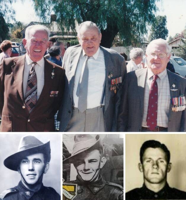 Lance/Sergeant Jack Holloway, Corporal Kenneth Crutchett and Private Patrick Coady pictured in Canowindra in 1997 and below each of the men during their service. 