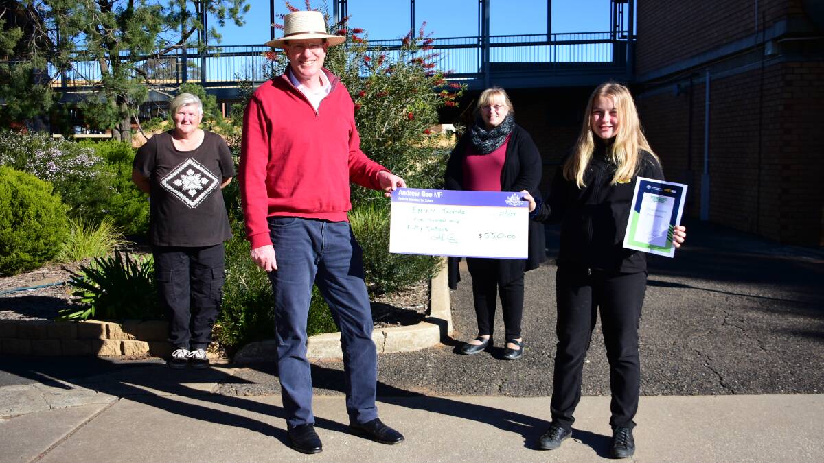 From left - Annette Thomas, Member for Calare Andrew Gee, Canowindra High School Principal Neryle Smurthwaite and Emily Thomas. 