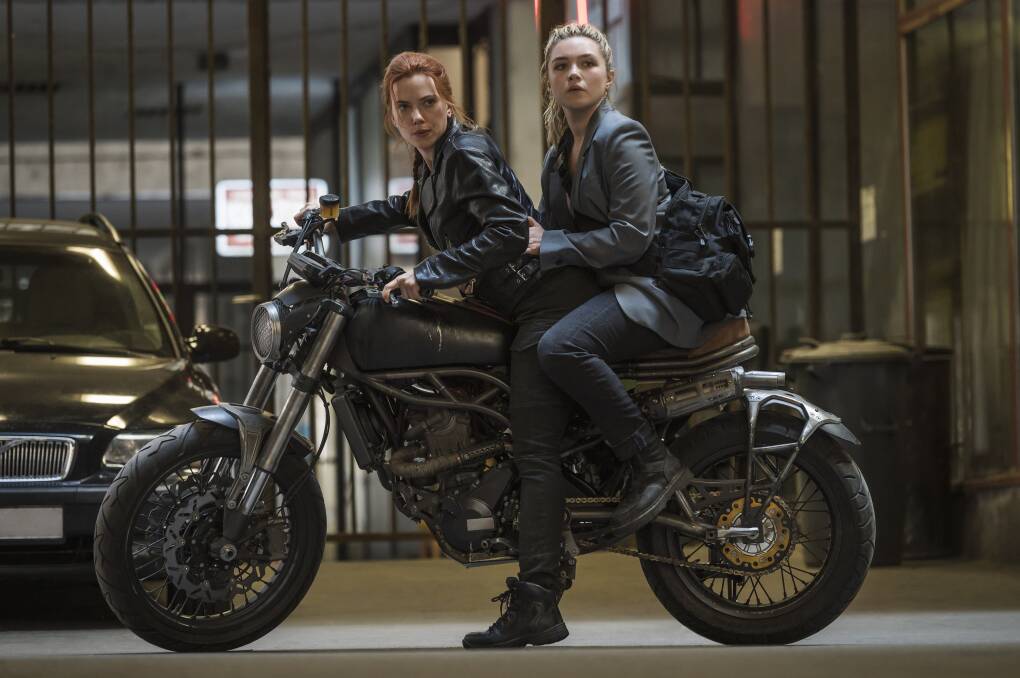 Scarlett Johansson, left, and Florence Pugh in Black Widow. Picture: Jay Maidment/Marvel Studios 