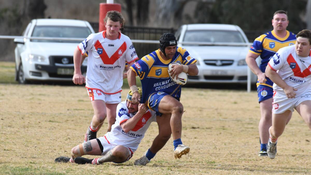 HARD TO STOP: Tyronne Johnston is a rugby league handful for Condobolin. Photo: CARLA FREEDMAN 