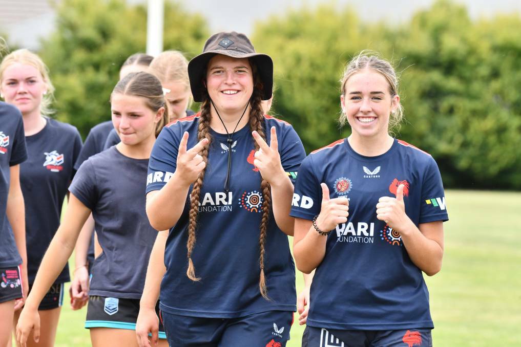 Rebecca Prestwidge and Georgie Barrett at the Sydney Roosters coaching clinic. Picture by Carla Freedman 