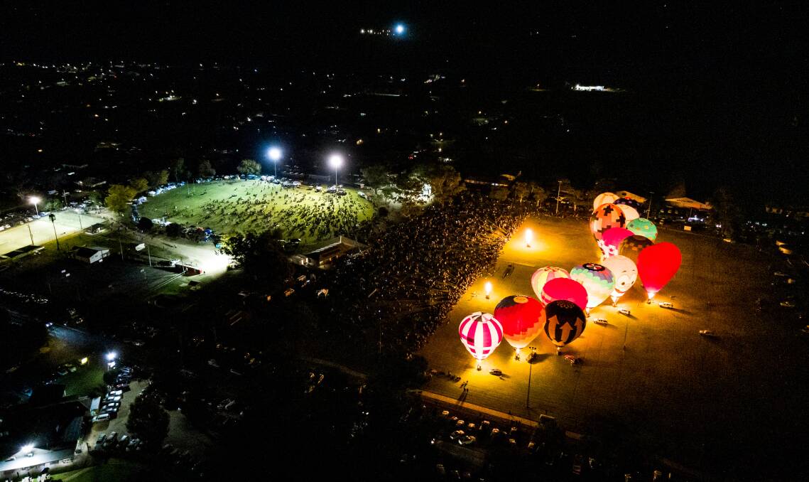 The Cabonne Community Balloon Glow as seen from the air on Saturday night. Photo: Farmpix Photography