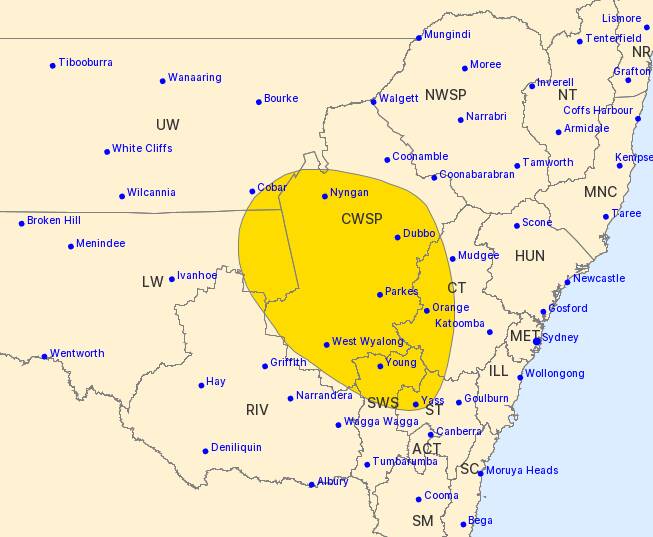 The Bureau of Meteorology (BOM has issued a storm warning for Central and Western NSW. Image: BOM.