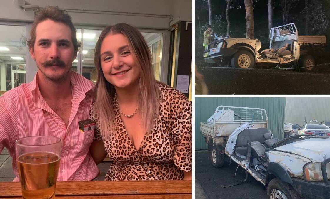 RECOVERY: Zak Lees and Zoe Brownett before his accident. RIGHT: The remains of his ute after the crash which nearly killed him. PHOTOS: SUPPLIED