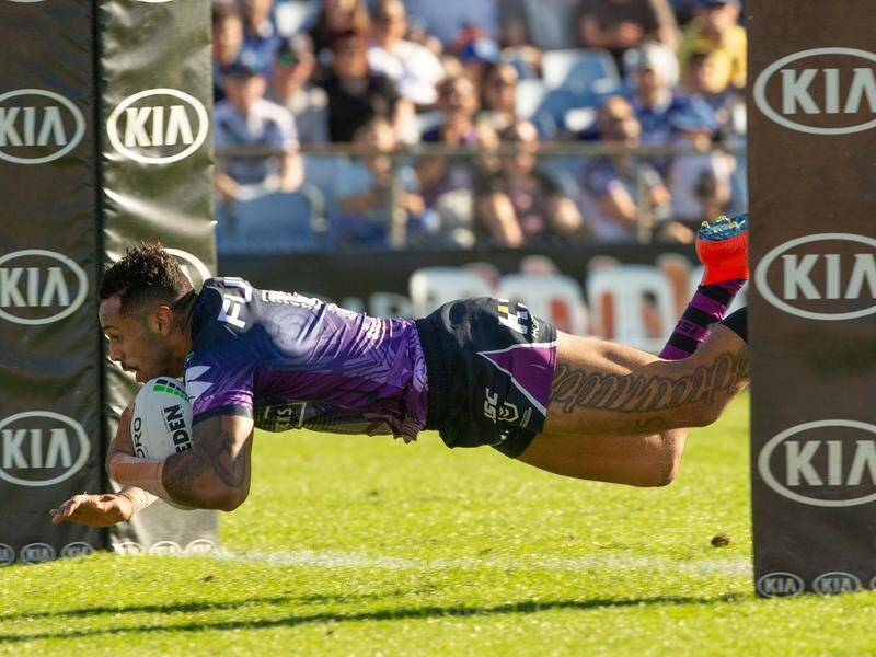 Winger Josh Addo-Carr has scored two tries in Melbourne's 28-6 NRL defeat of Canterbury at Belmore.