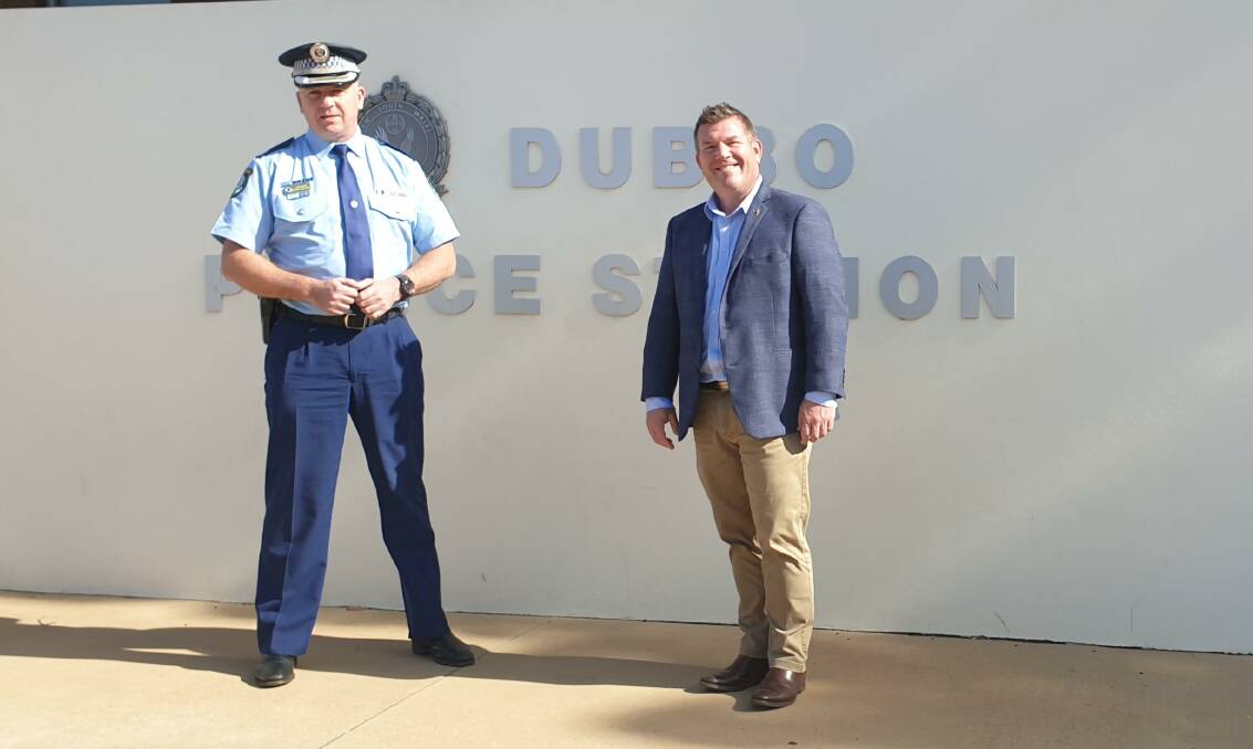 NSW Police Acting Assistant Commissioner Peter McKenna with Dubbo MP Dugald Saunders out the front of Dubbo Police Station on Wednesday. Photo: Orlander Ruming