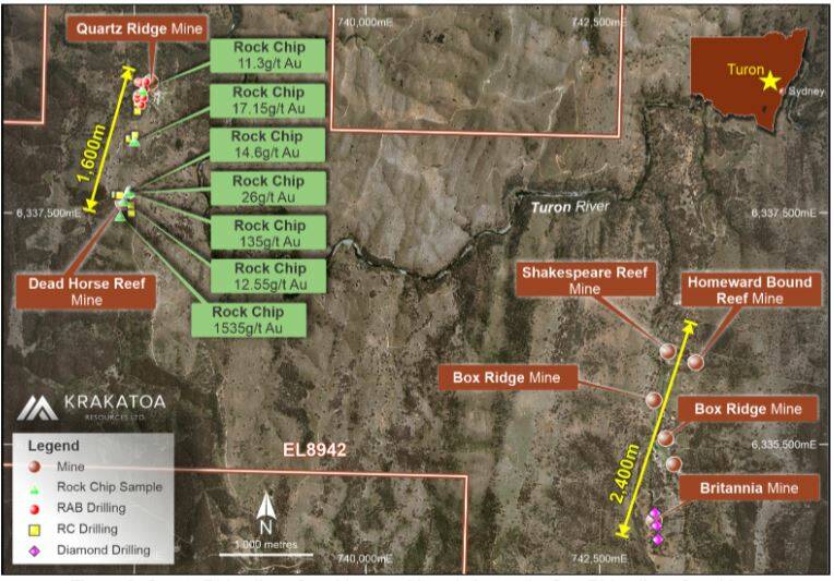PLANS: Quartz Ridge line of workings and its relation to the Box Ridge line of workings: Image: KRAKATOA RESOURCES