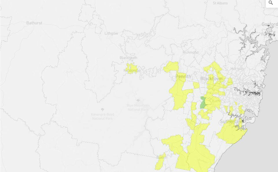 VIRUS LOCATIONS: COVID-19 cases in NSW shown in yellow, with western and south-west Sydney bearing the brunt of the resurgence. Image: NSW HEALTH