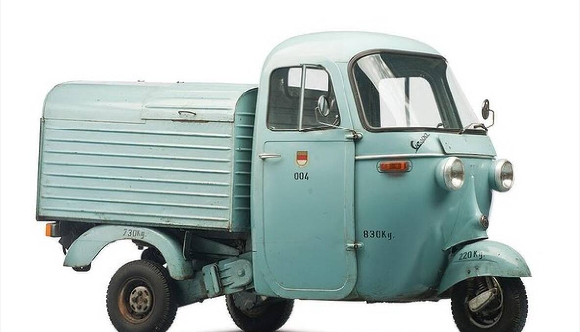 The 1963 Vespa Ape was a popular delivery vehicle in Italy. It shares many components with scooters and is steered with handle bars.